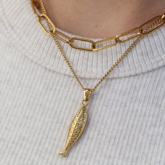 Waterproof Gold Sardine Necklace Coastal Fish Pendant for Summer Outfits PRETTY - Picture 9 of 12